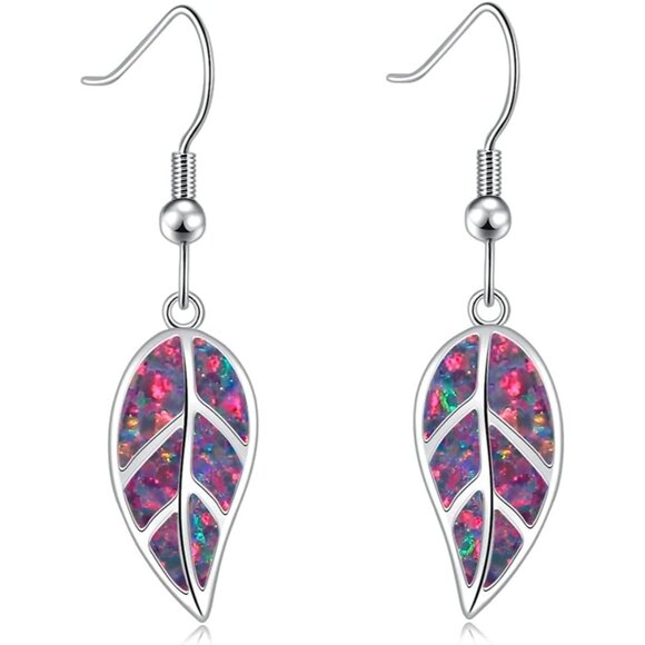 Jewelry - 18K White Gold Plated Leaf Opal Dangle Drop Earrings for Women Teen Girls Hypoal